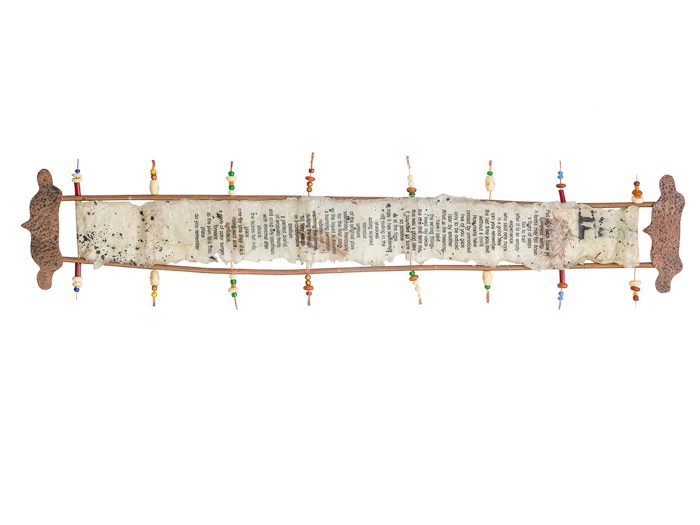 Put Your Backbone In, Copper, handmade paper, beads, Poem about suicide