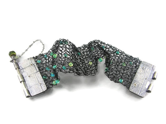 Countryside bracelet, crochet Sterling Silver bracelet_with_rivit_clasp, Glass beads 3" x 7"