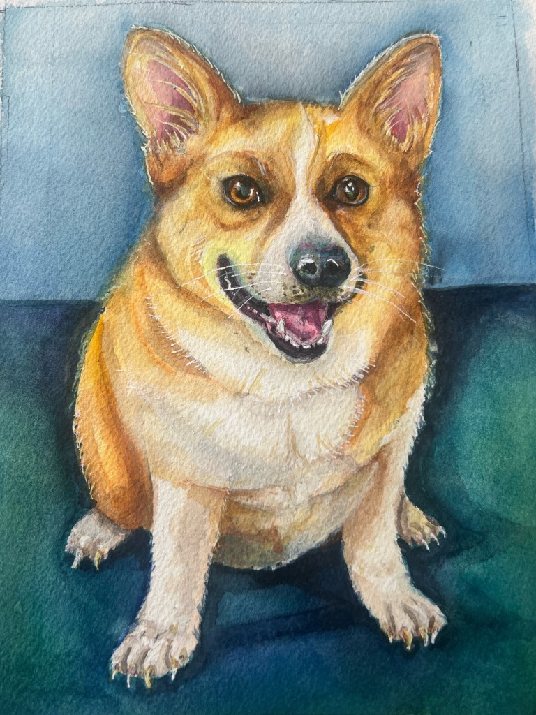 Darlington Oliver the Corgi, watercolor and pencil 8" x 12"